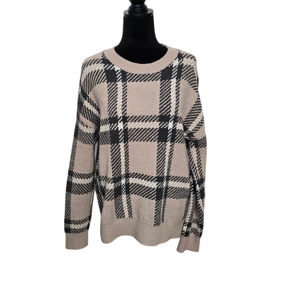 Christian Siriano New York Plaid Sweater Women M Beige Black Crewneck